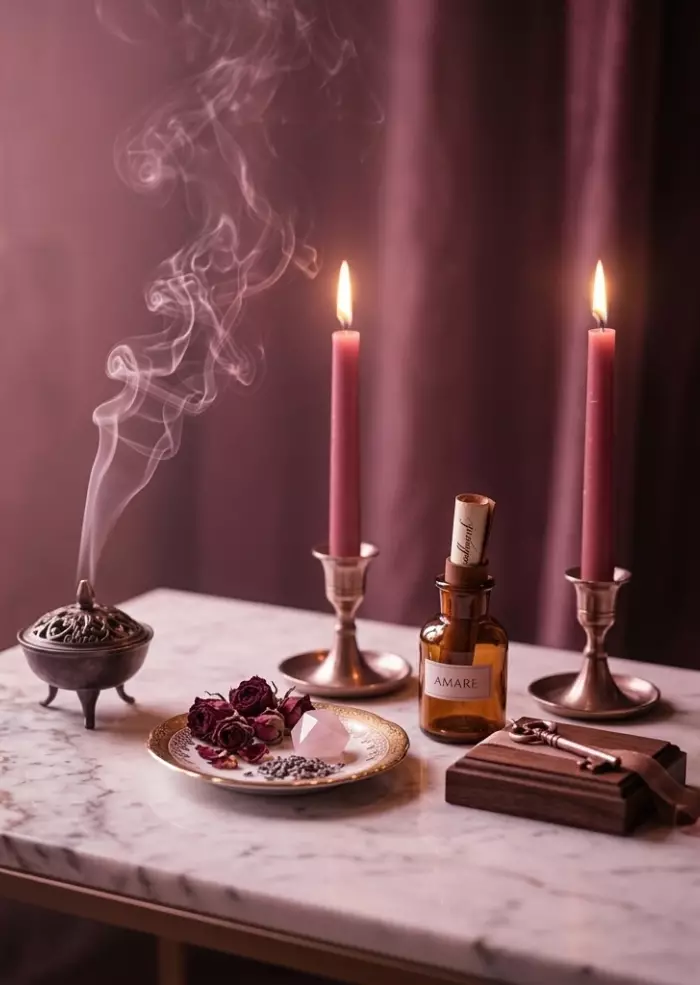 Liebesritual-Altar mit zwei brennenden rosa Kerzen, Räucherschale, Rosenquarz, getrockneten Rosen und einer Flasche mit Schriftrolle auf einem Marmortisch